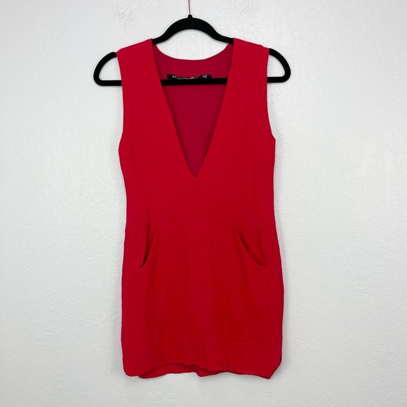 Backstage Lisa Plunge V Neck Double Pocket Mini Dress in Red - Picture 6 of 8